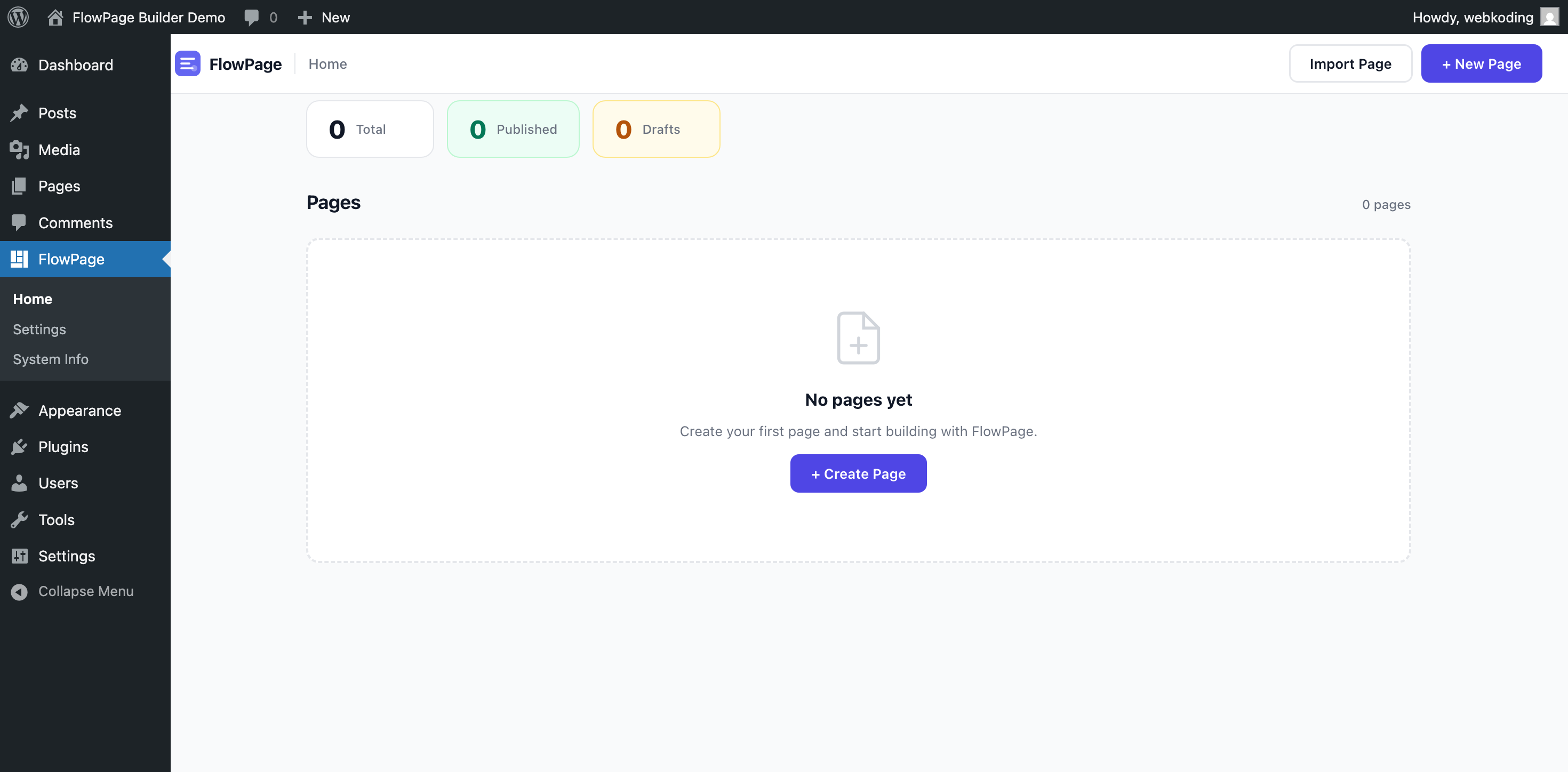FlowPage Dashboard with page management