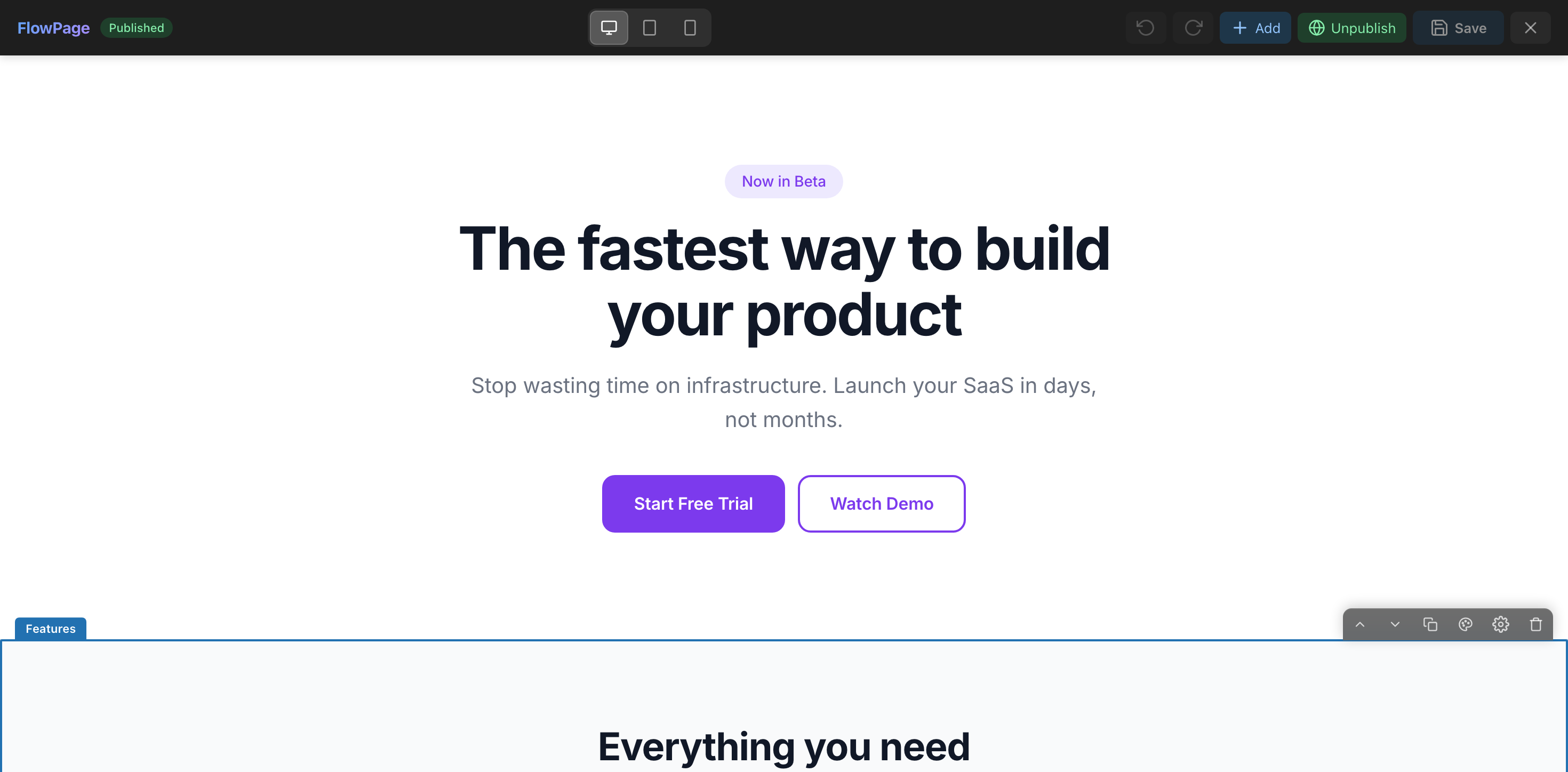 FlowPage Visual Editor with inline editing and live preview