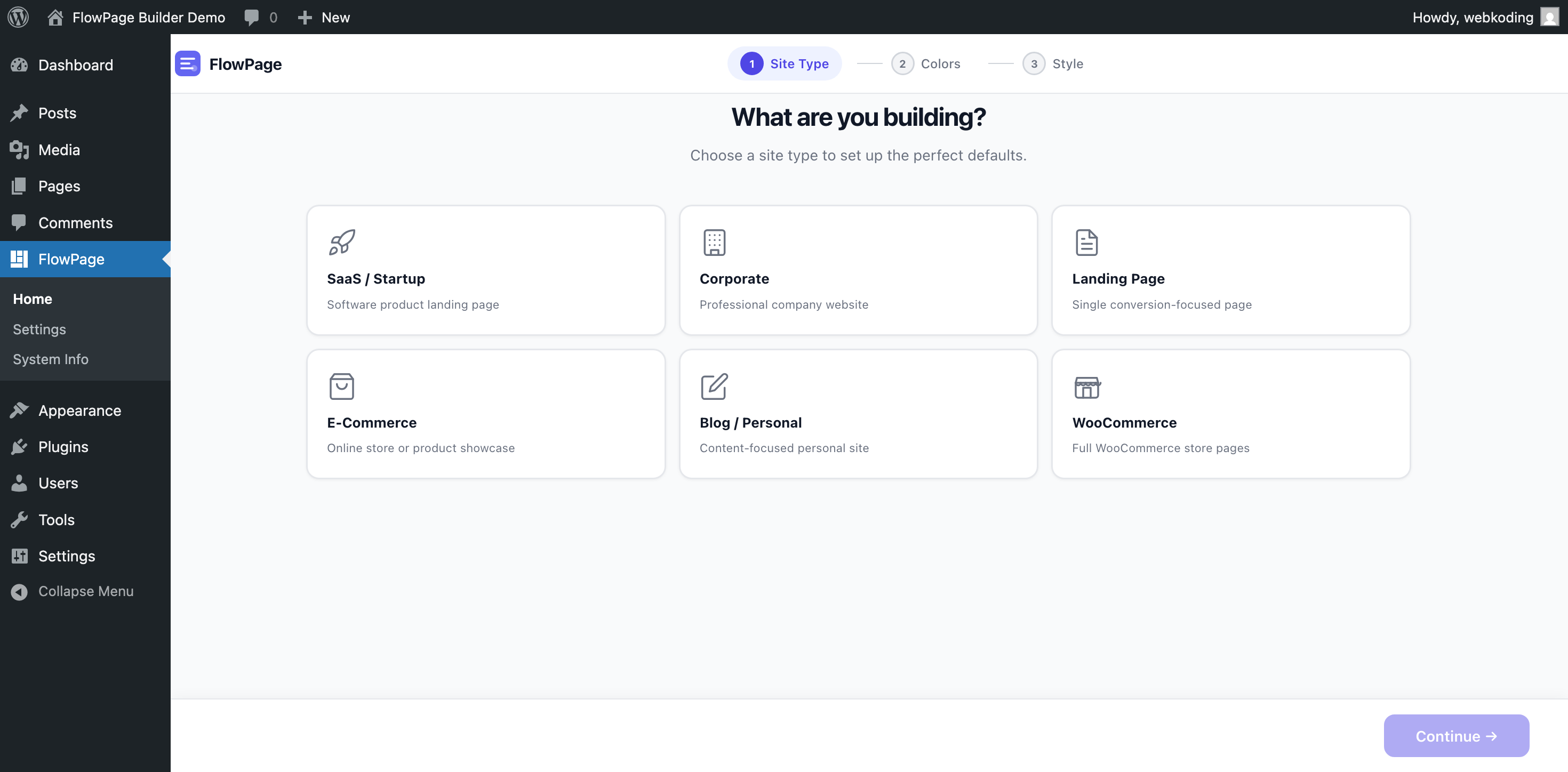 FlowPage Setup Wizard with site type selection